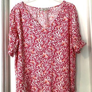 LOFT pink and white bird of paradise print v-neck blouse, Size L